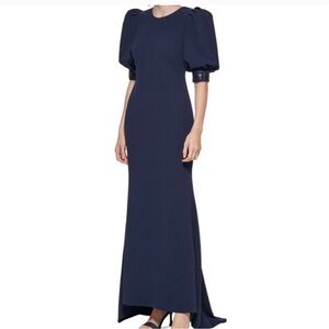 Calvin Klein Navy Puff-Sleeve Evening Gown